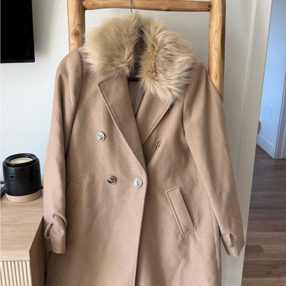 River Island Tan Trench Coat with Detachable Faux Fur Collar